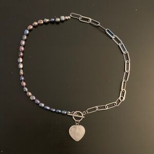 Elegant Pearl and Chain Necklace with Heart Pendant. Costume Jewelry.